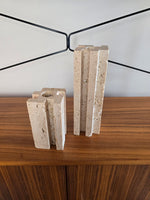 Pair of Interlocking Brutatlist Travertine Candle Holders