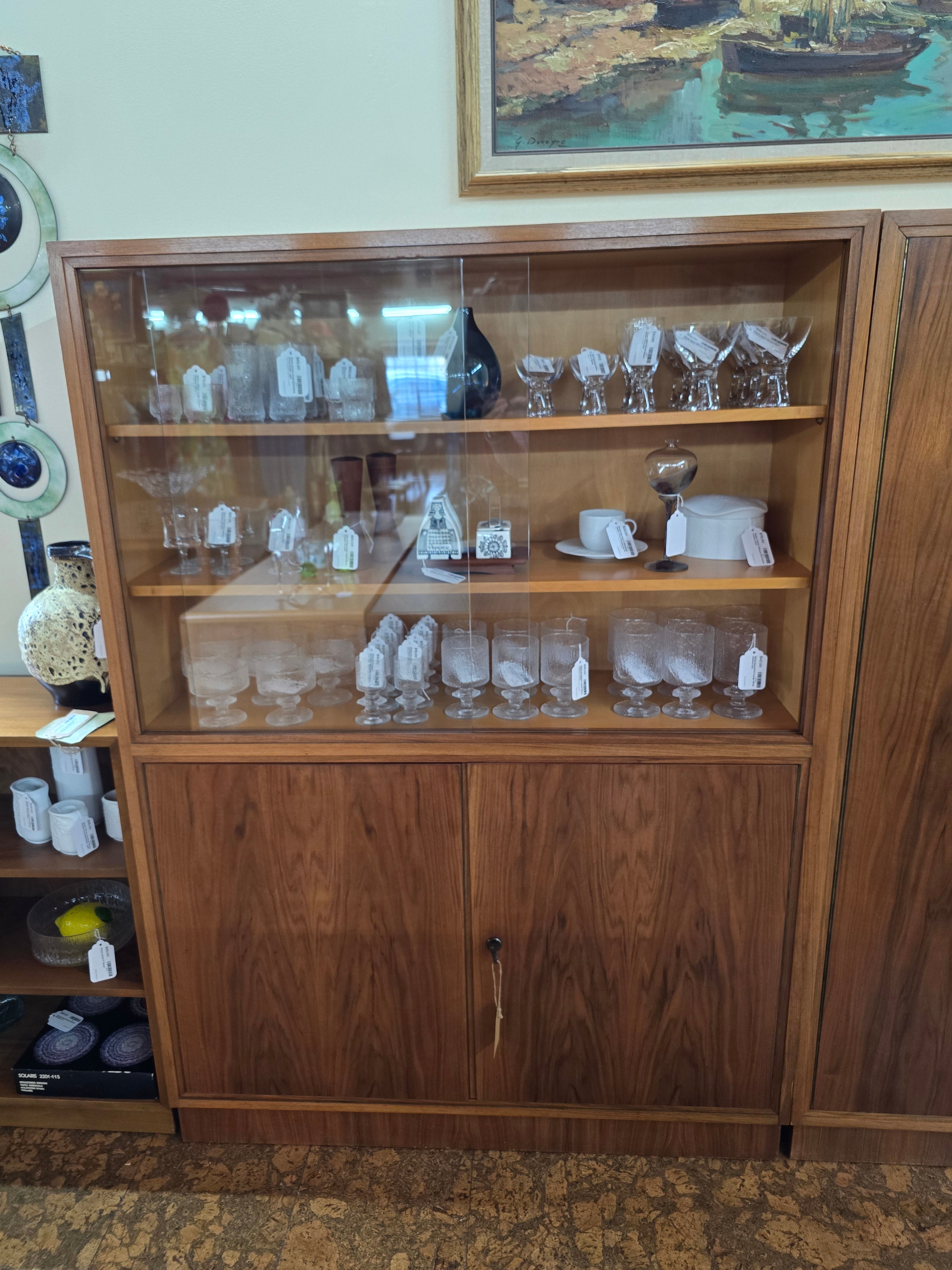 German Walnut Locking Cabinet w/ Glass Doors