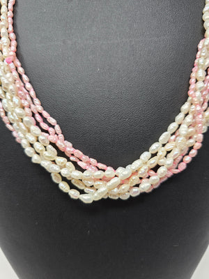 Multi Strand White & Pink Rice Pearl Necklace