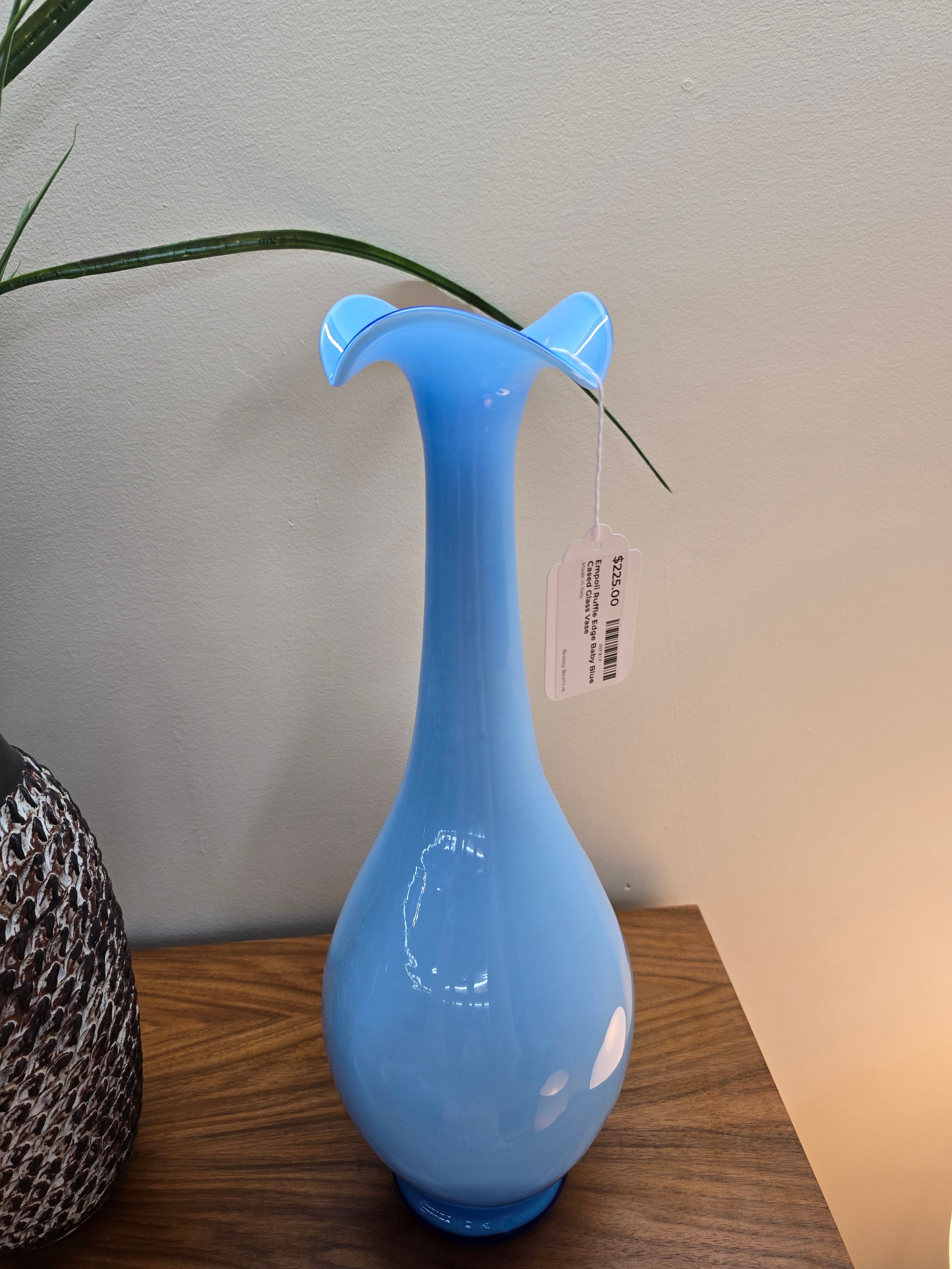 Empoli Blue Cased Glass Ruffle Edge Vase