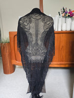 Long Black Floral Lace Fringe Shawl