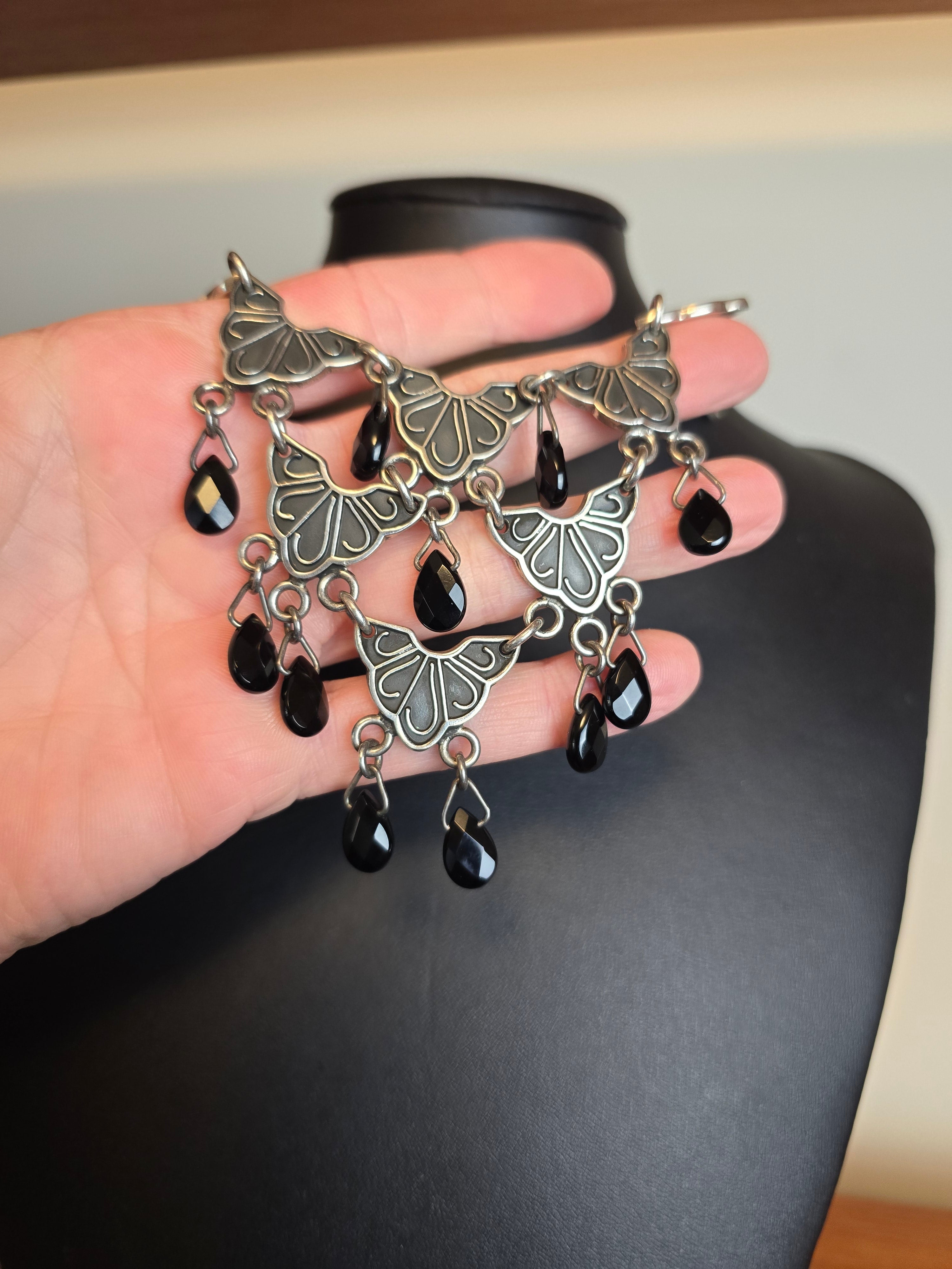 Mexican Sterling Silver & Onyx Bib Necklace