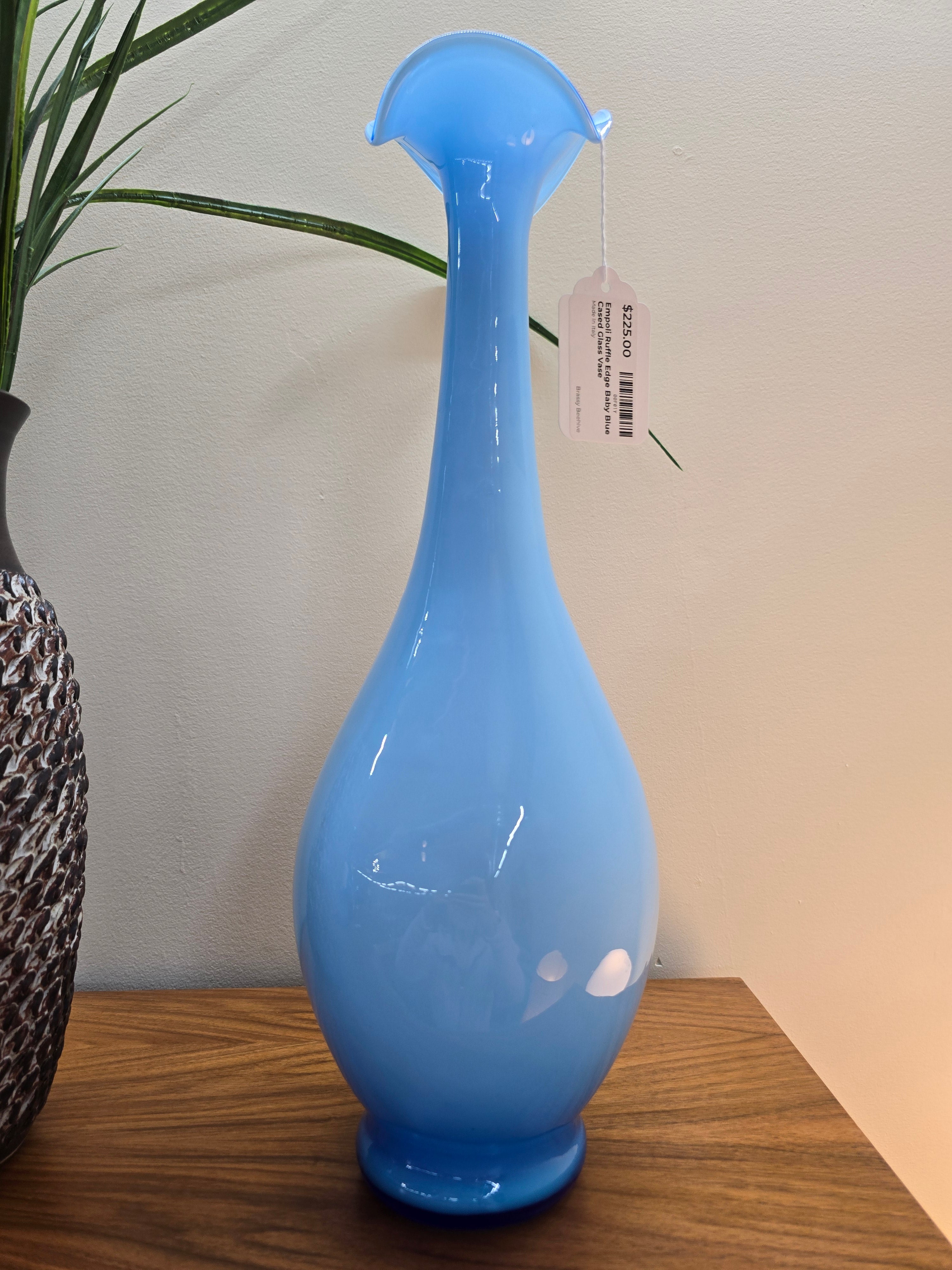 Empoli Blue Cased Glass Ruffle Edge Vase