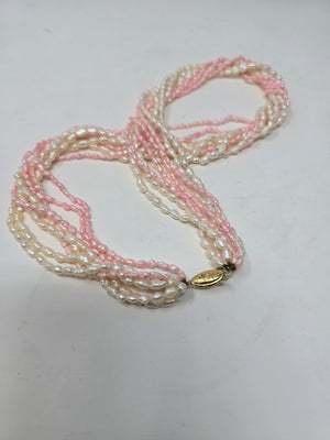 Multi Strand White & Pink Rice Pearl Necklace