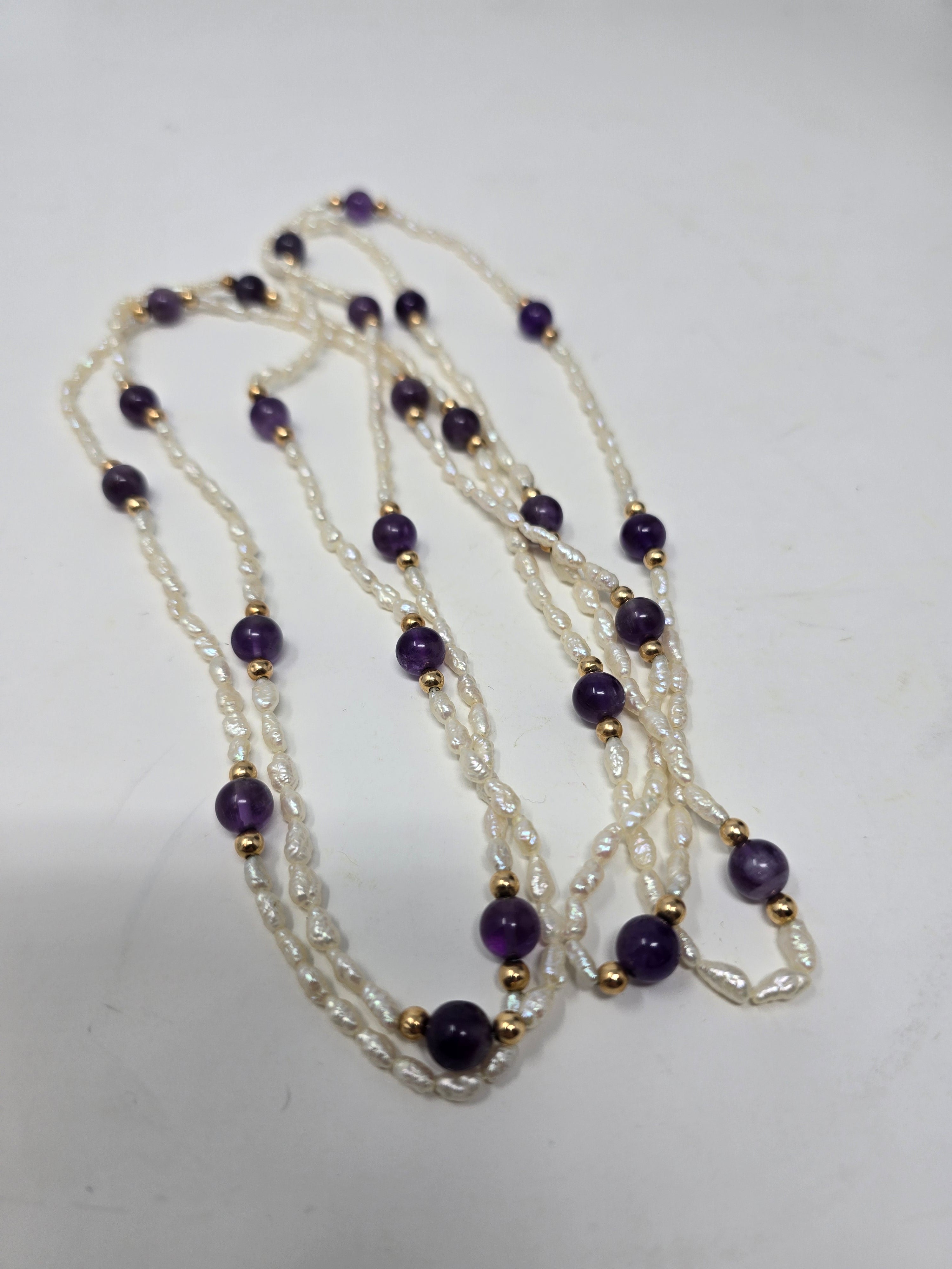 Rice Pearl, Amethyst and Gold Bead Necklace