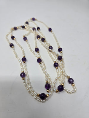 Rice Pearl, Amethyst and Gold Bead Necklace