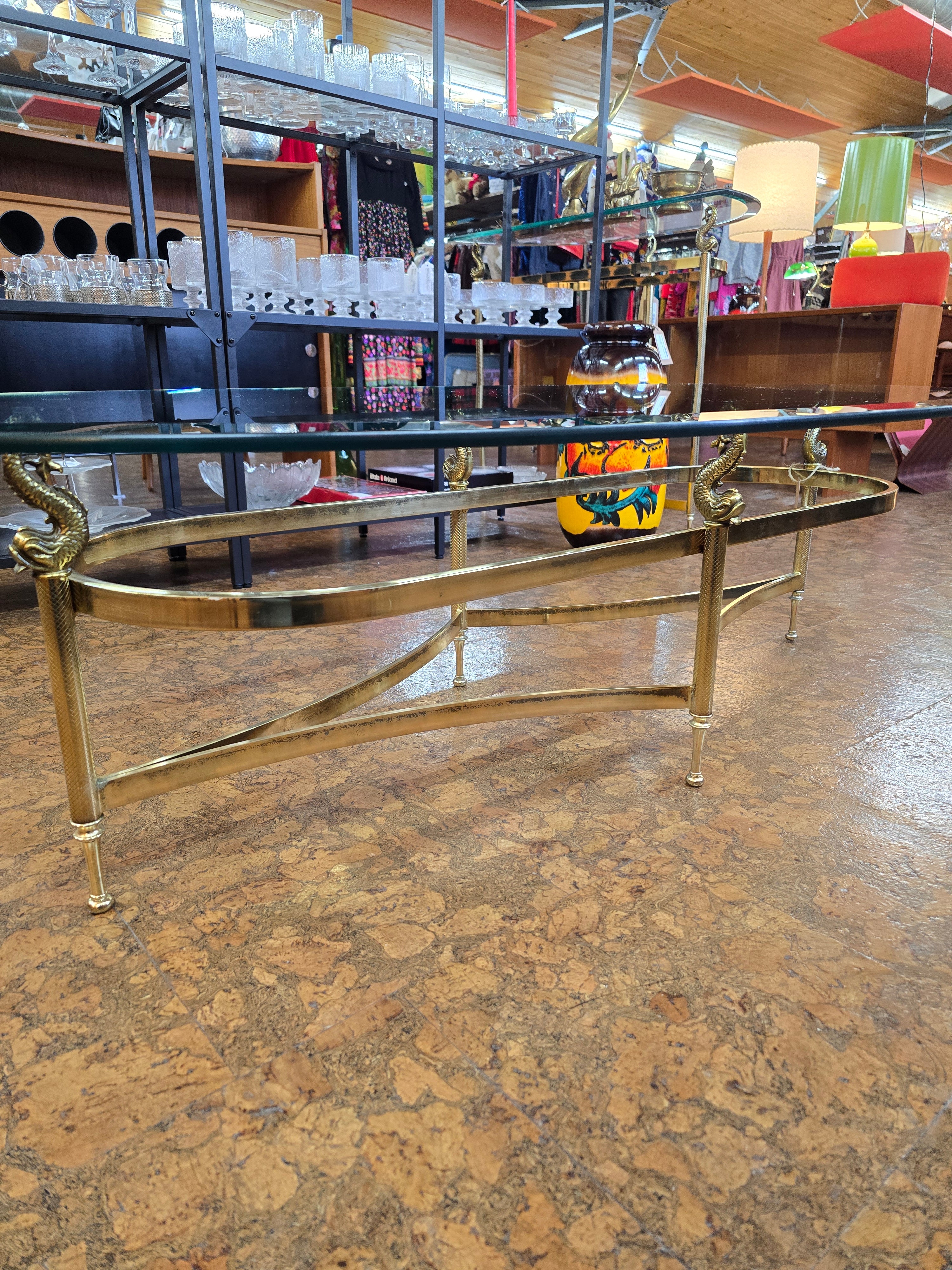 Hollywood Regency Victorian Dolphin Brass Coffee or Console Table