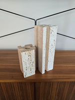 Pair of Interlocking Brutatlist Travertine Candle Holders