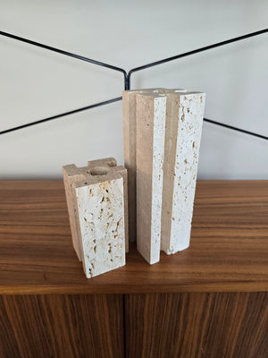 Pair of Interlocking Brutatlist Travertine Candle Holders