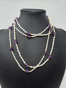 Rice Pearl, Amethyst and Gold Bead Necklace