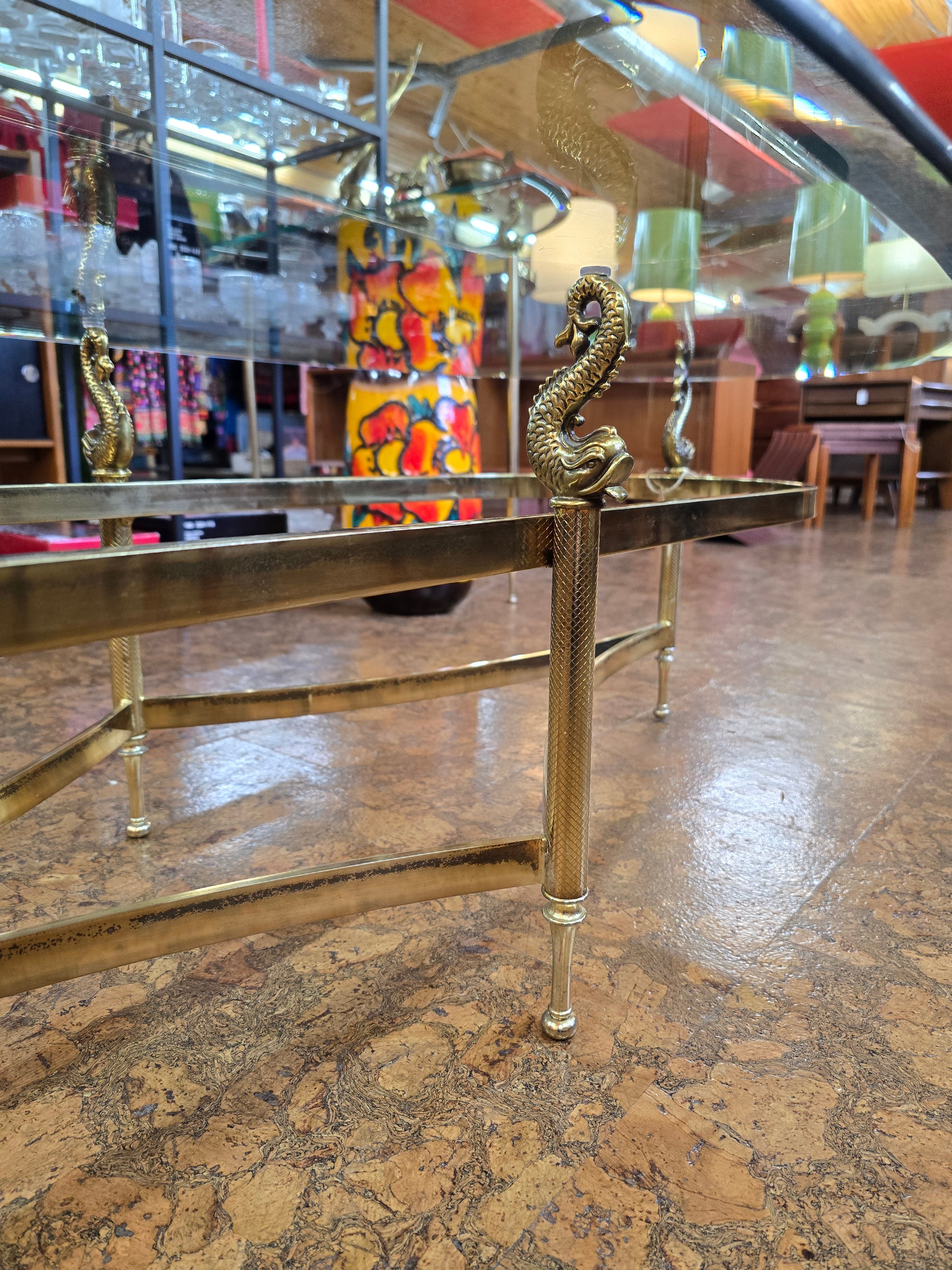 Hollywood Regency Victorian Dolphin Brass Coffee or Console Table