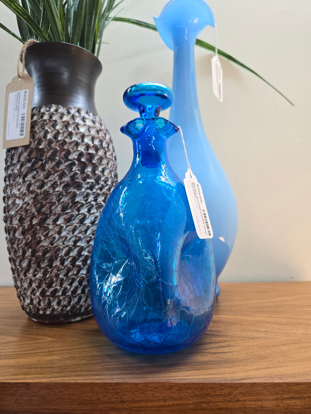 Blenko Turquoise Pinched Crackle Glass Decanter