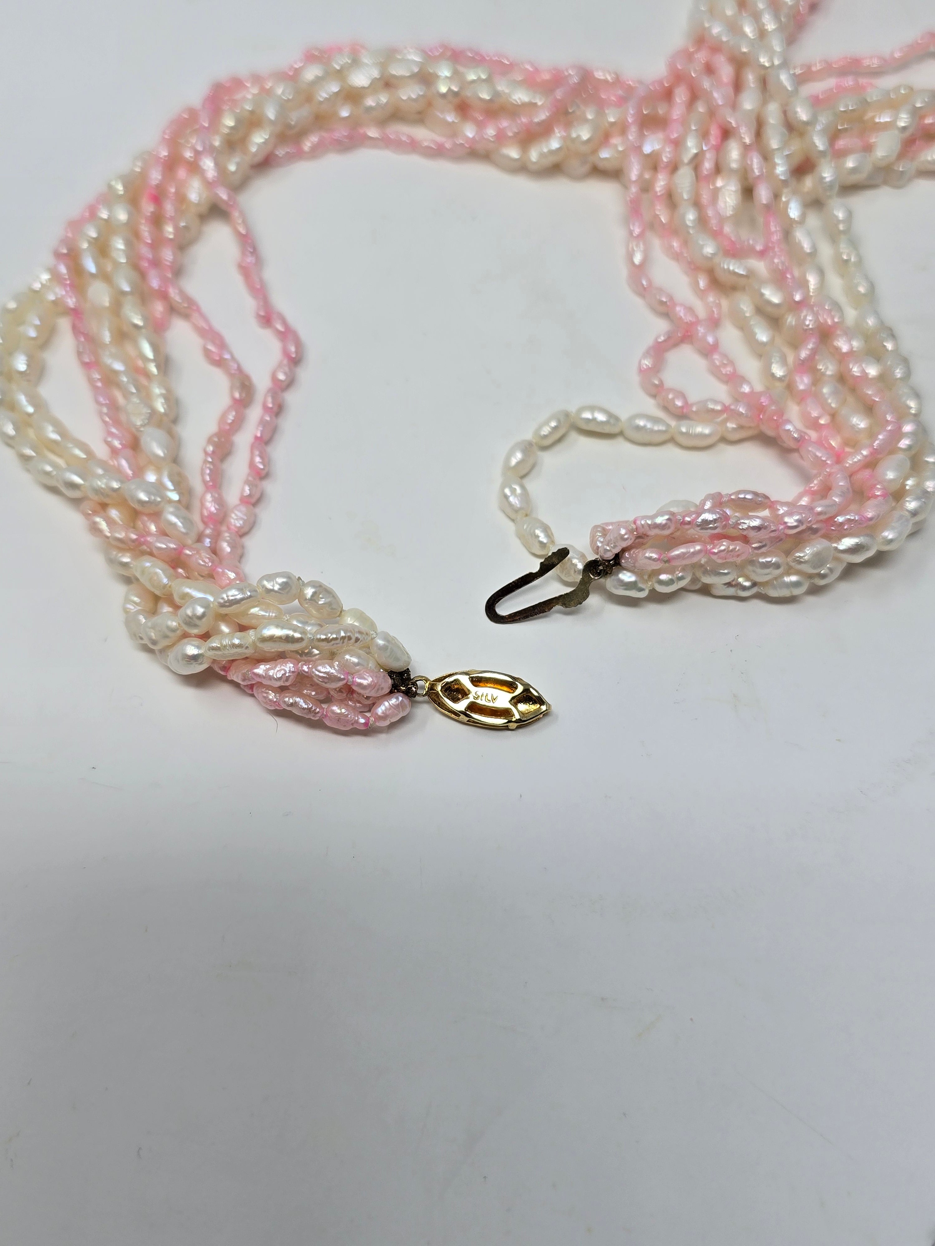 Multi Strand White & Pink Rice Pearl Necklace