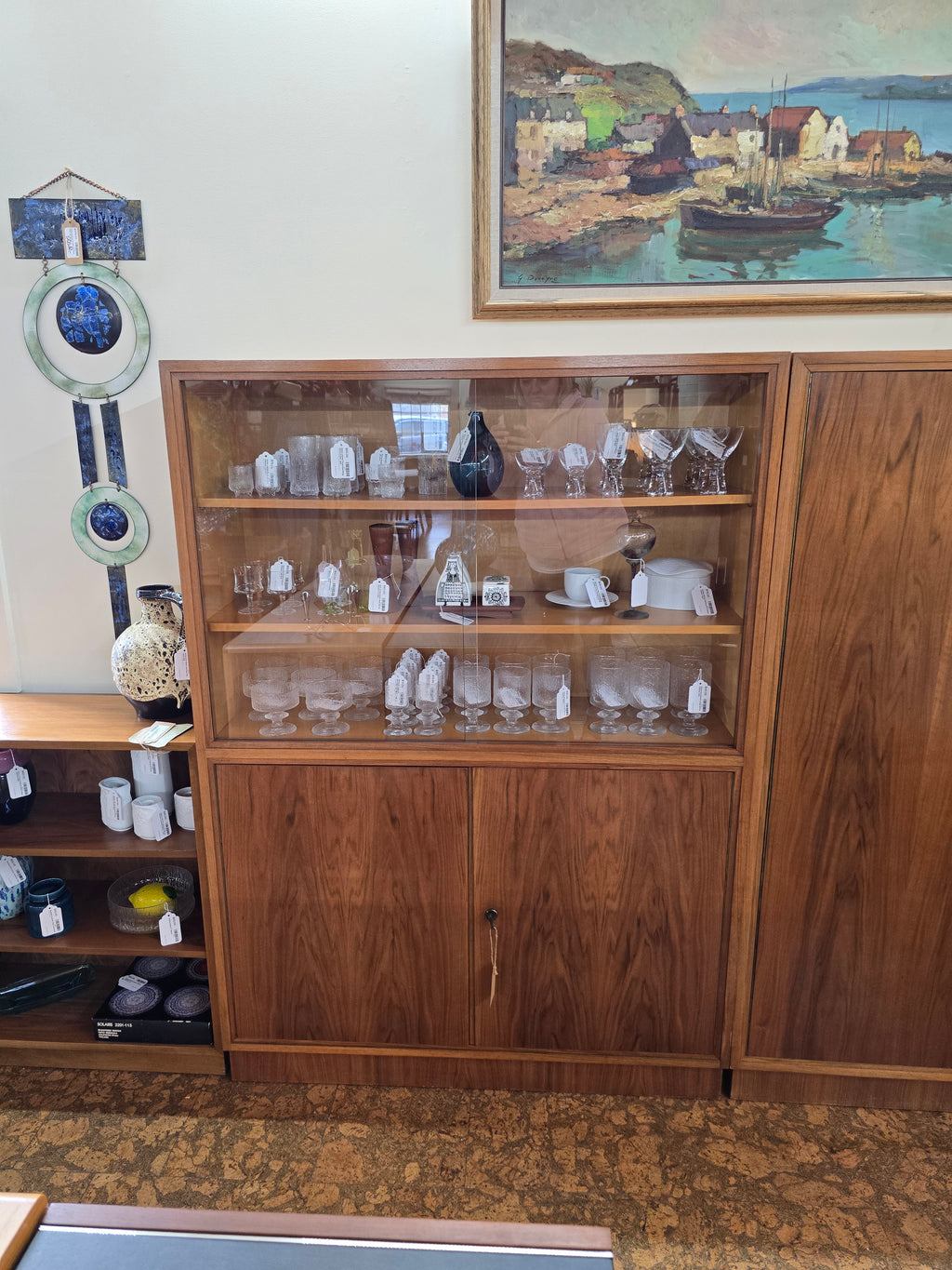 German Walnut Locking Cabinet w/ Glass Doors