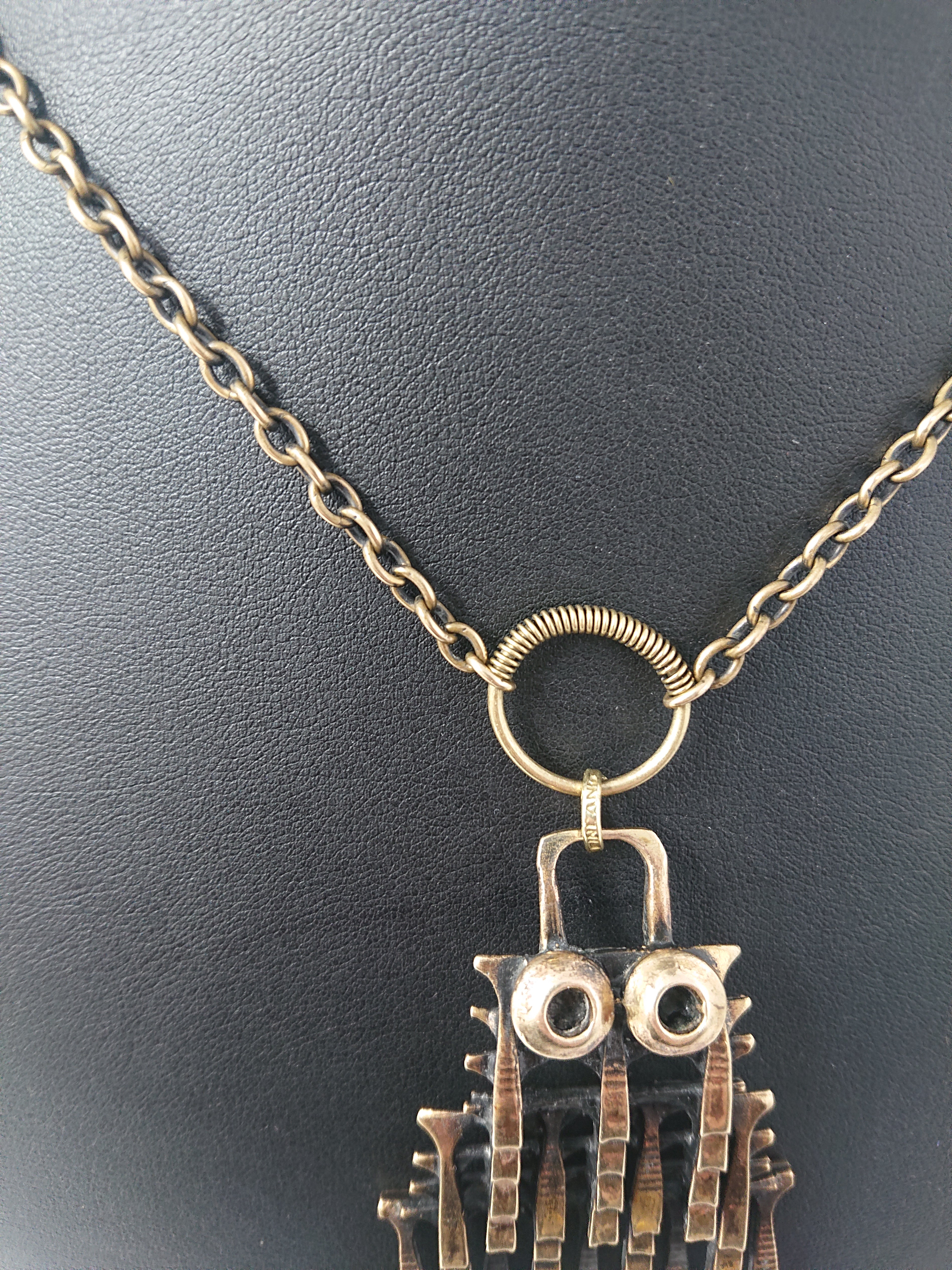 Pentti Sarpaneva Modernist Bronze Kinetic Owl Necklace